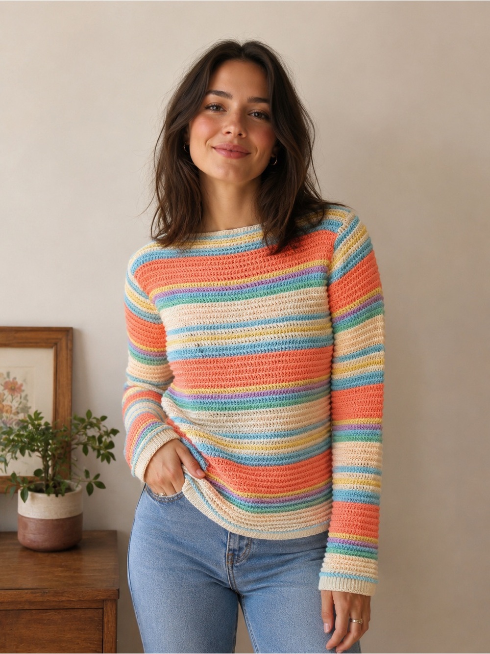 Sears Vintage 60s/70s Striped Crochet Rainbow sweater RARE